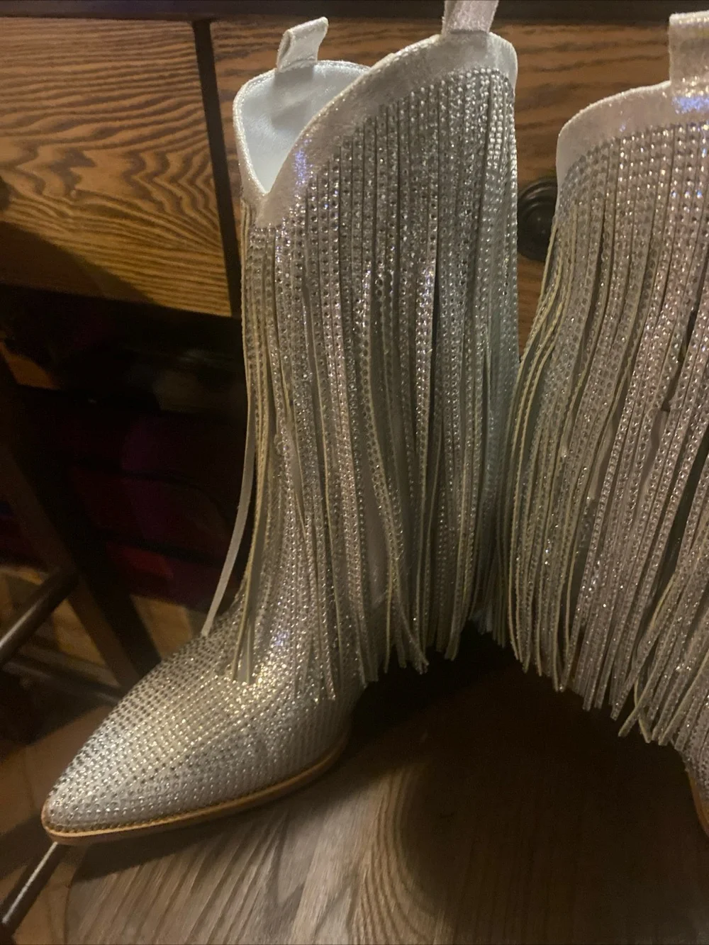 Fringe Metallic Pointed-Toe Western Ankle Boots - Silver